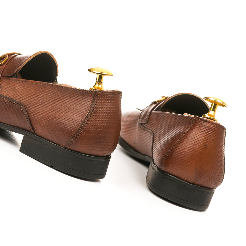 Snake Embossed Horsebit Loafers - Brown