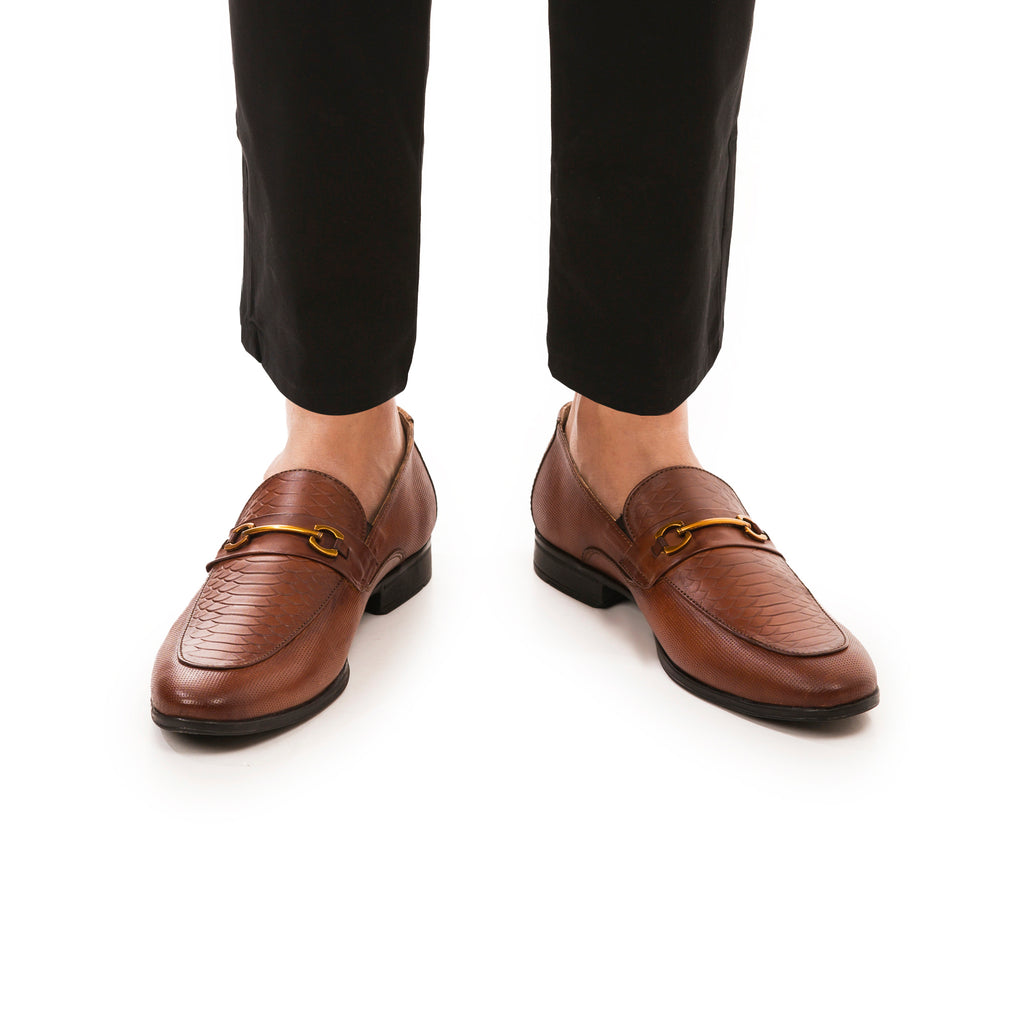 Snake Embossed Horsebit Loafers - Brown
