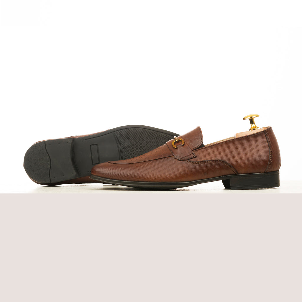 Snake Embossed Horsebit Loafers - Brown