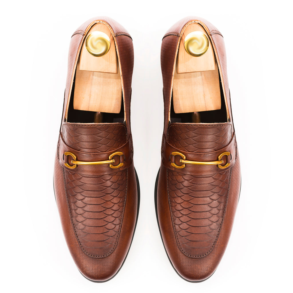 Snake Embossed Horsebit Loafers - Brown