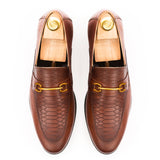 Snake Embossed Horsebit Loafers - Brown