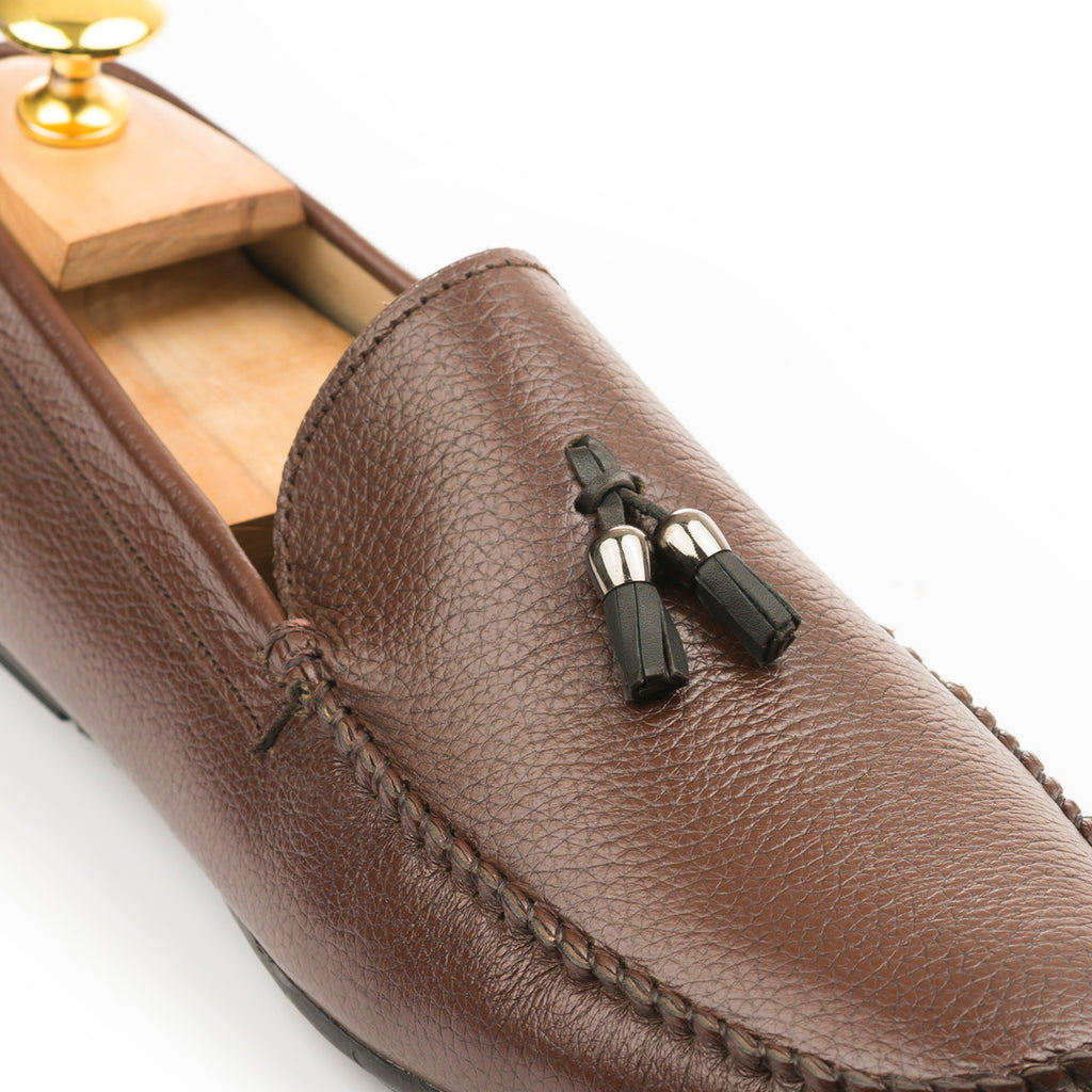 Milled Leather Tassle Moccasins - Brown