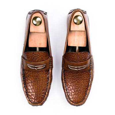 Snakeskin Embossed Buckled Moccasins - Brown