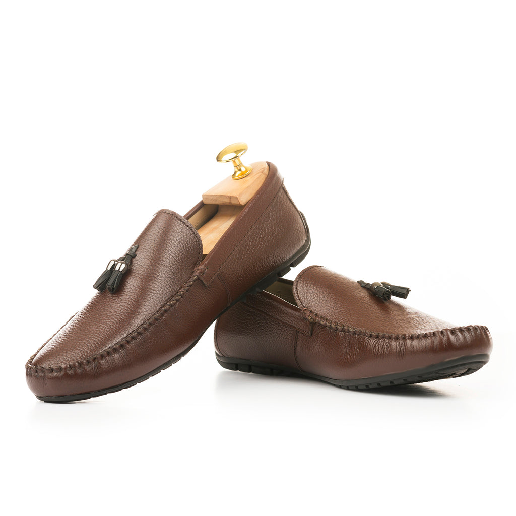 Milled Leather Tassle Moccasins - Brown