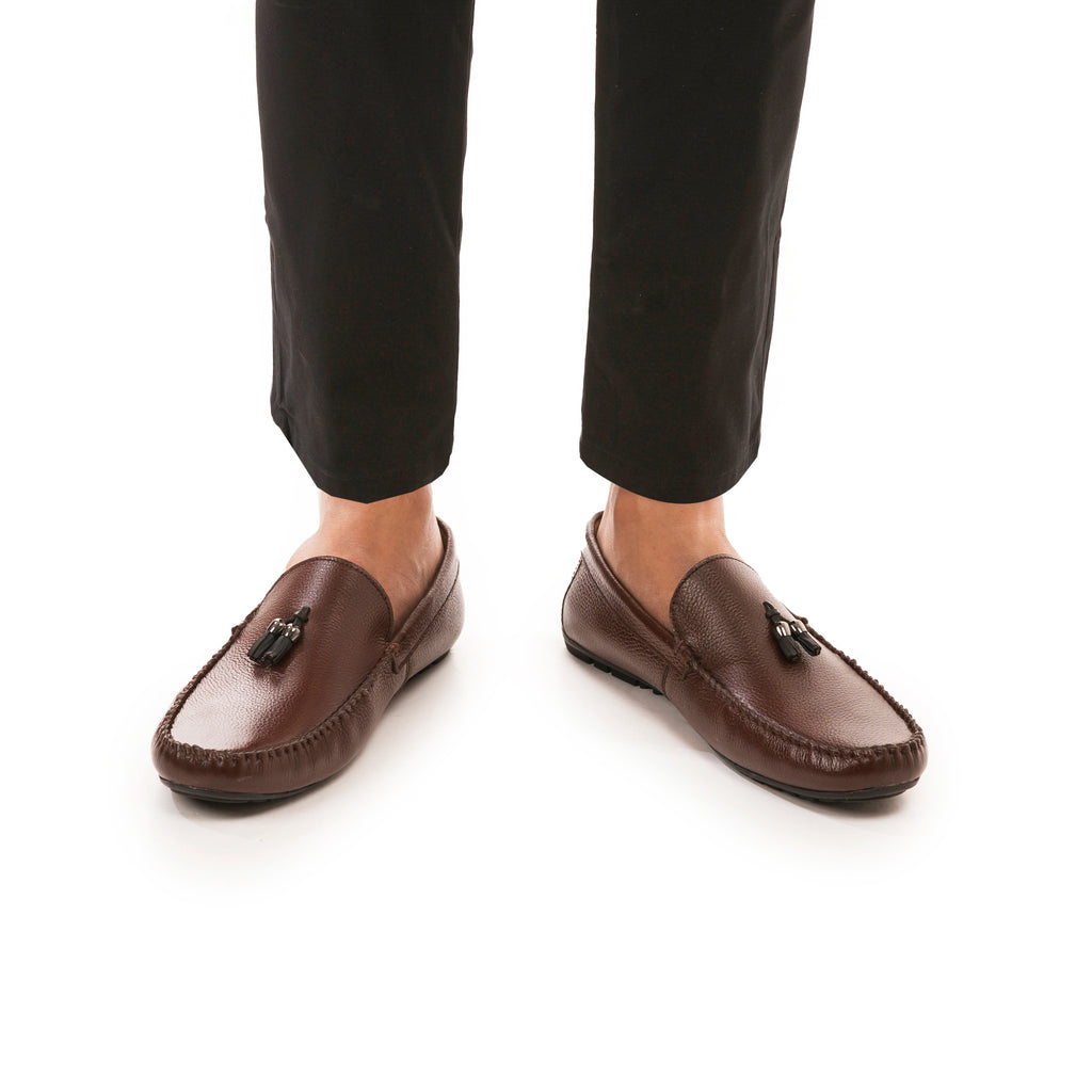 Milled Leather Tassle Moccasins - Brown
