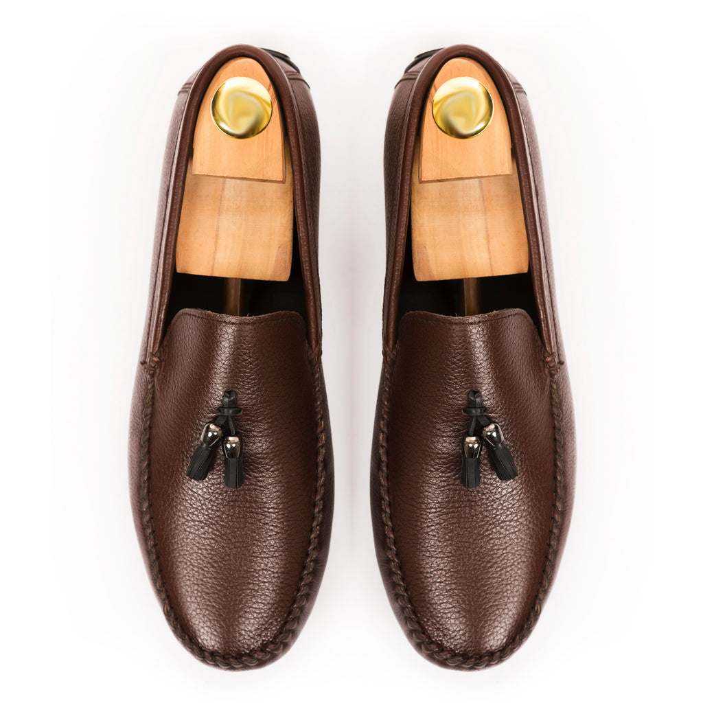 Milled Leather Tassle Moccasins - Brown