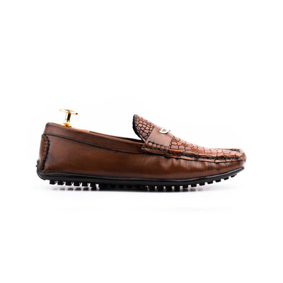 Snakeskin Embossed Buckled Moccasins - Brown