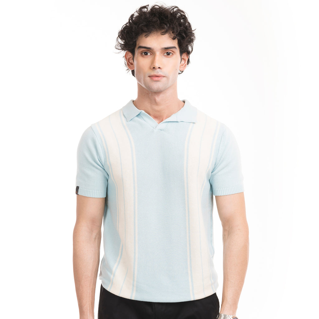 Knitted Striped Polo - Sky/White