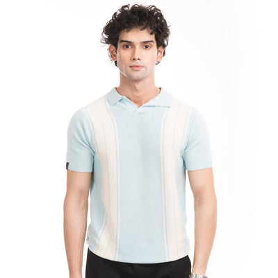 Knitted Striped Polo - Sky/White