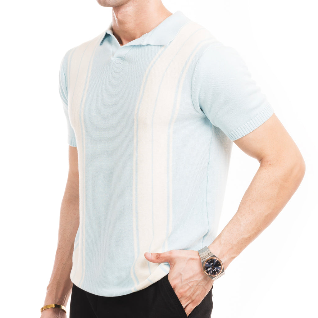 Knitted Striped Polo - Sky/White