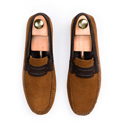 Navy Seude Collar Moccasins - Tan