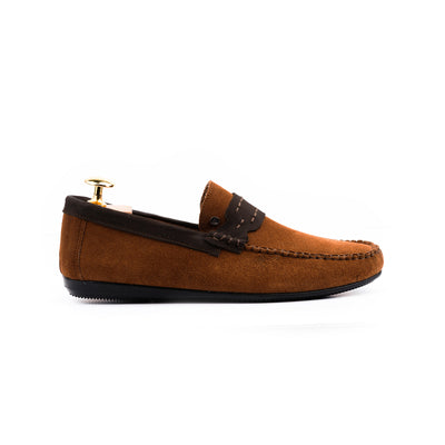 Navy Seude Collar Moccasins - Tan