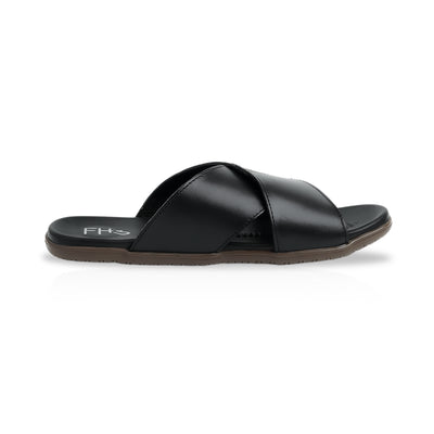 Dual Strap Leather Slippers - Black