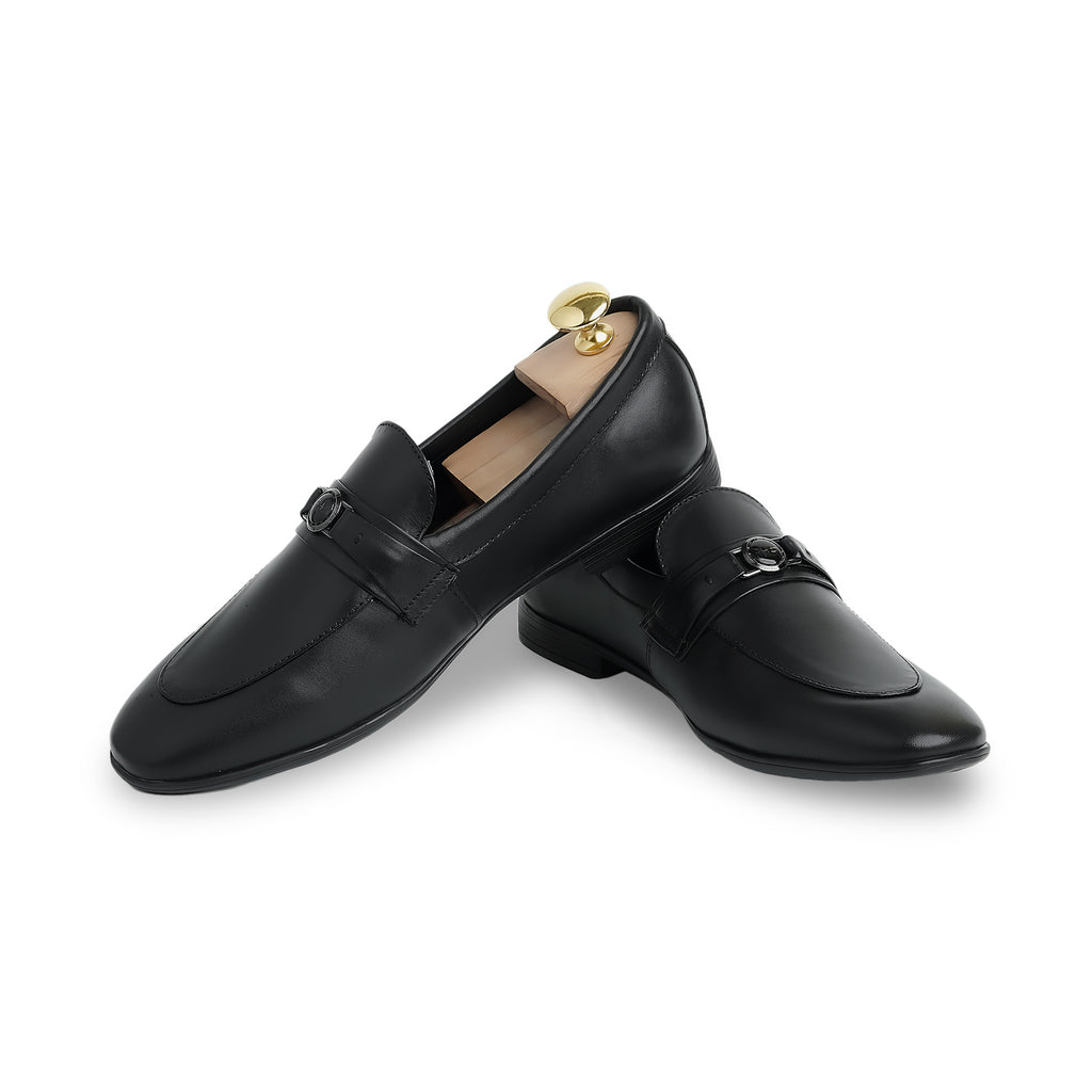 Noir Metallic Buckled Loafers - Black