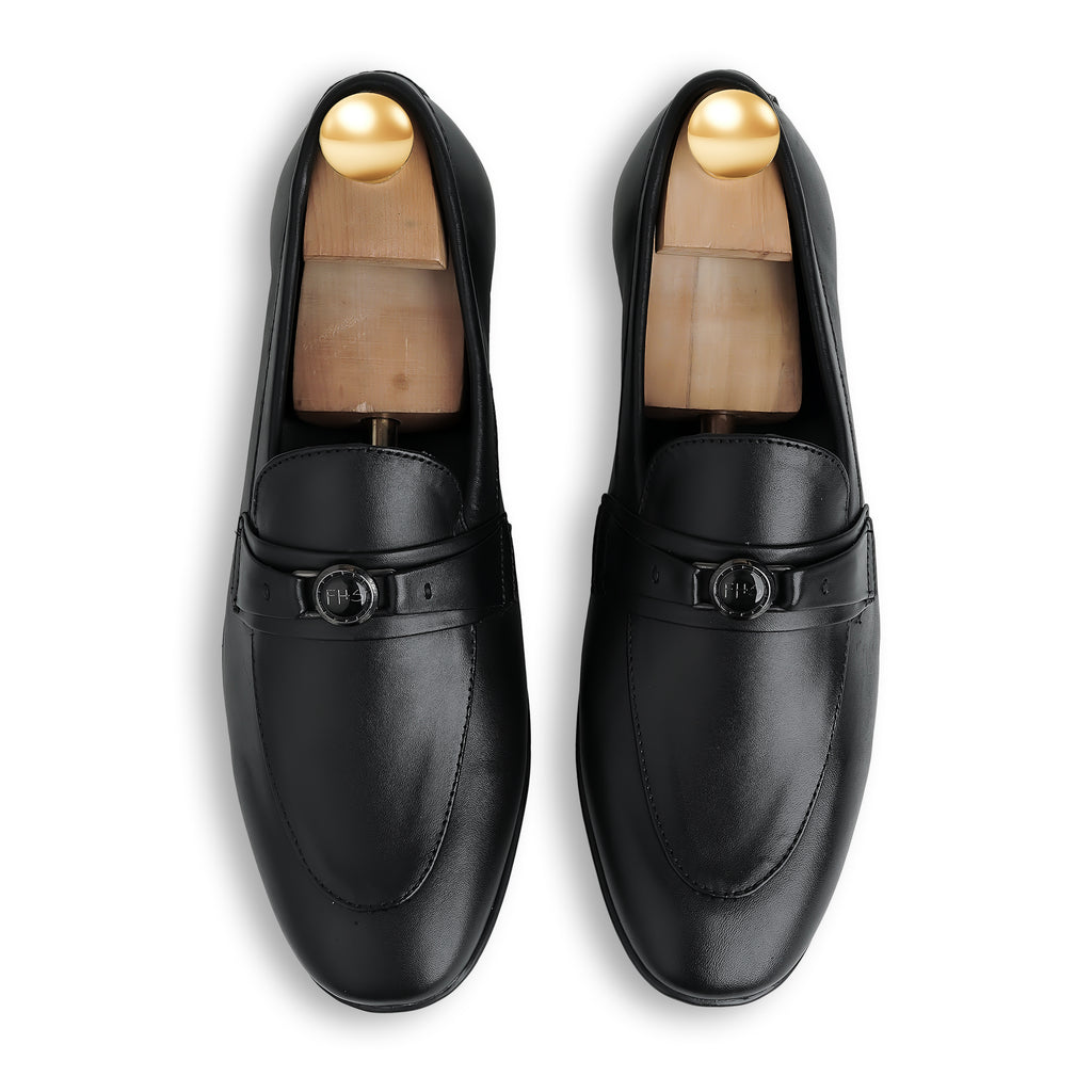 Noir Metallic Buckled Loafers - Black