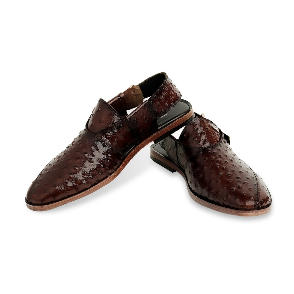 Ostrich Embossed Peshawari Sandals - Brown