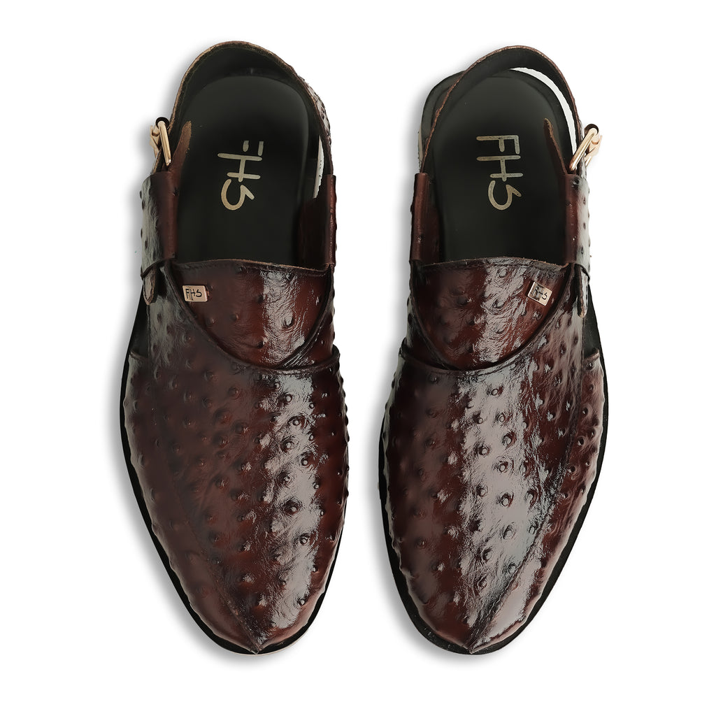 Ostrich Embossed Peshawari Sandals - Brown