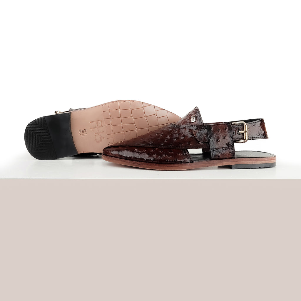 Ostrich Embossed Peshawari Sandals - Brown
