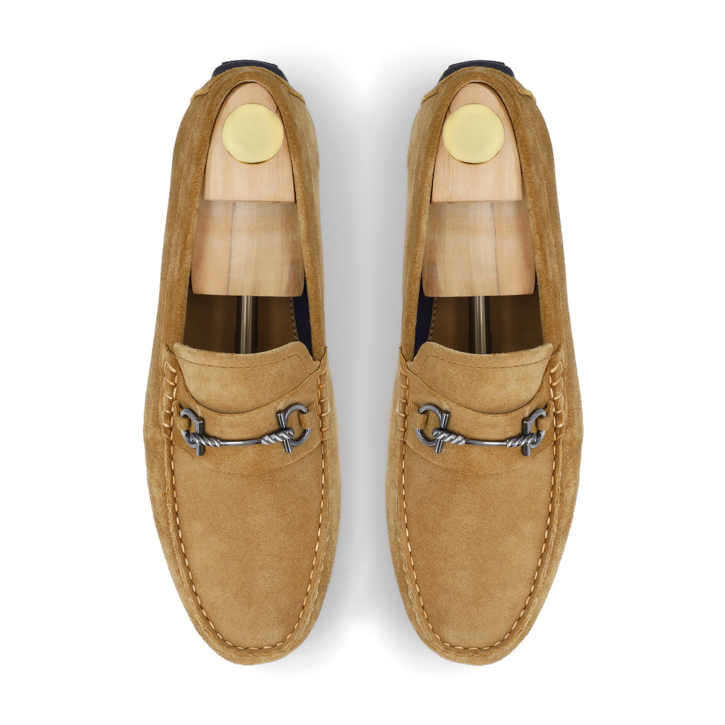 Horse Bit Buckled  Suede Moccasins - Beige