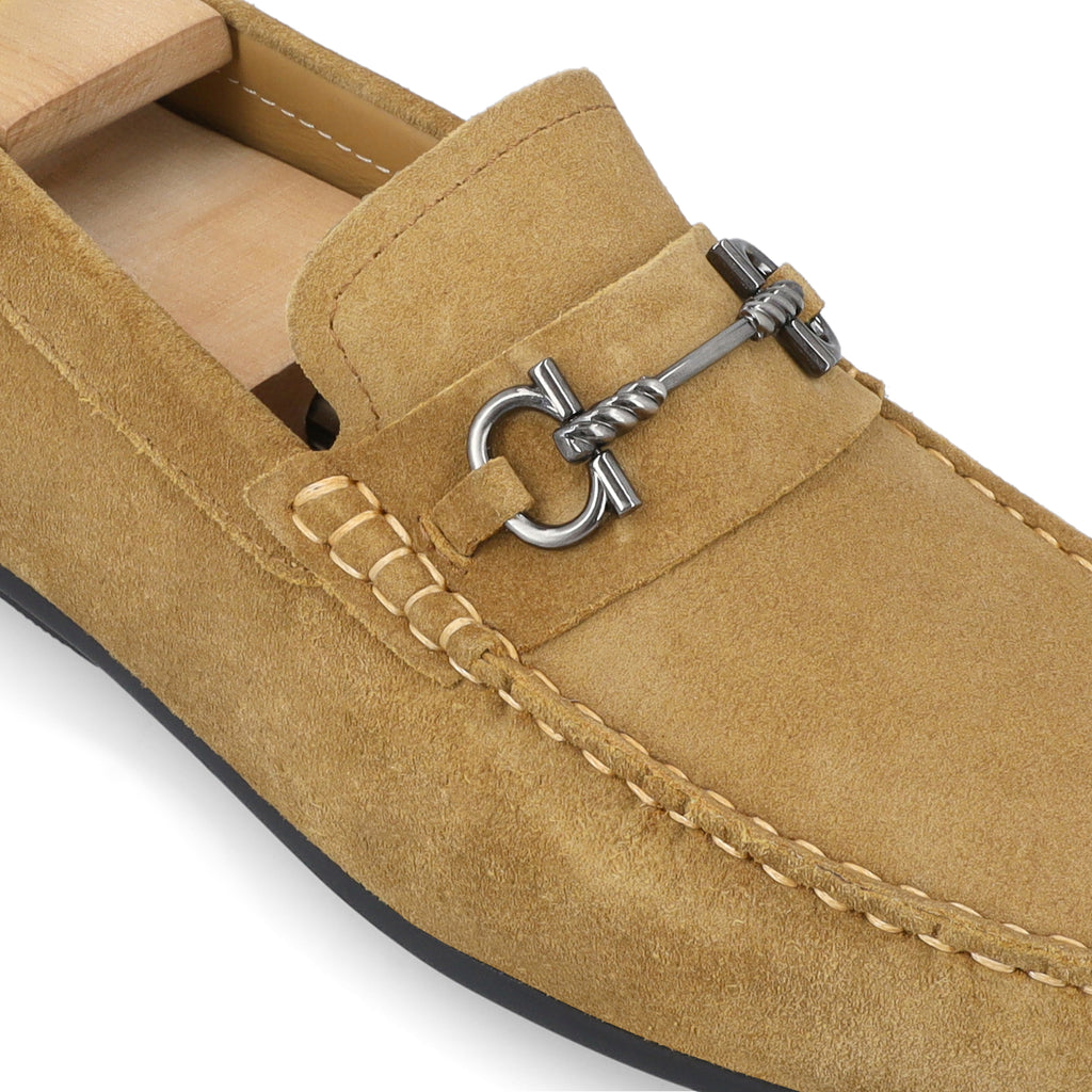 Horse Bit Buckled  Suede Moccasins - Beige