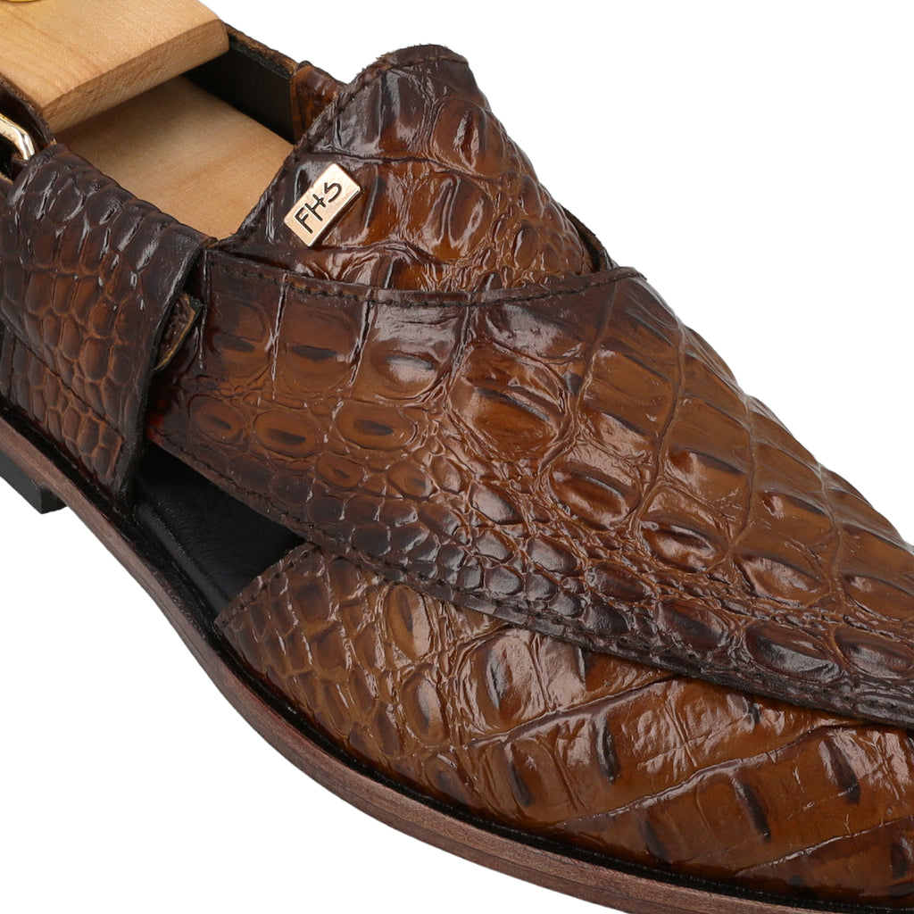 Two-Tone Croc-Embossed Peshawari Sandals-Brown