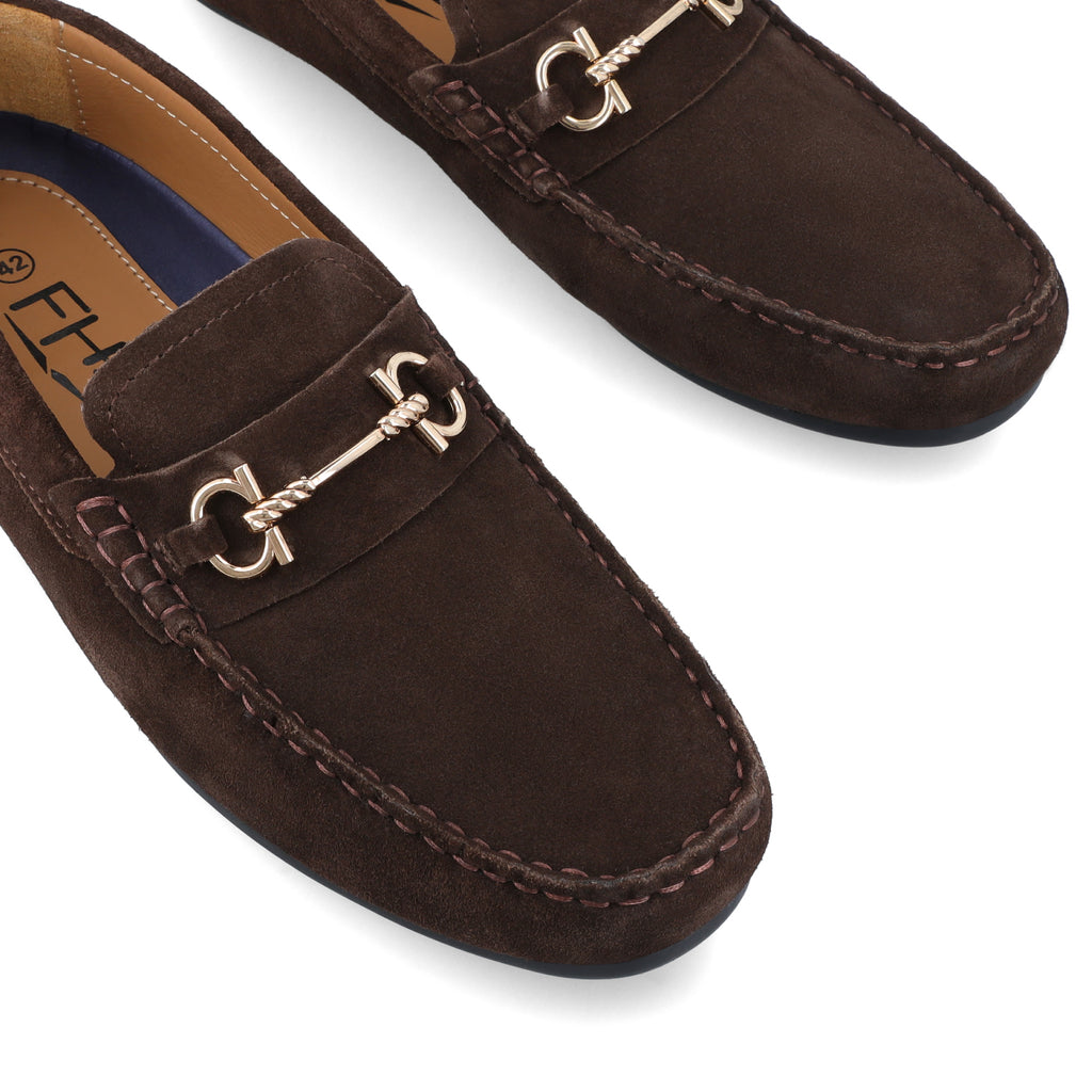 Horse Bit Buckled  Suede Moccasins - Brown