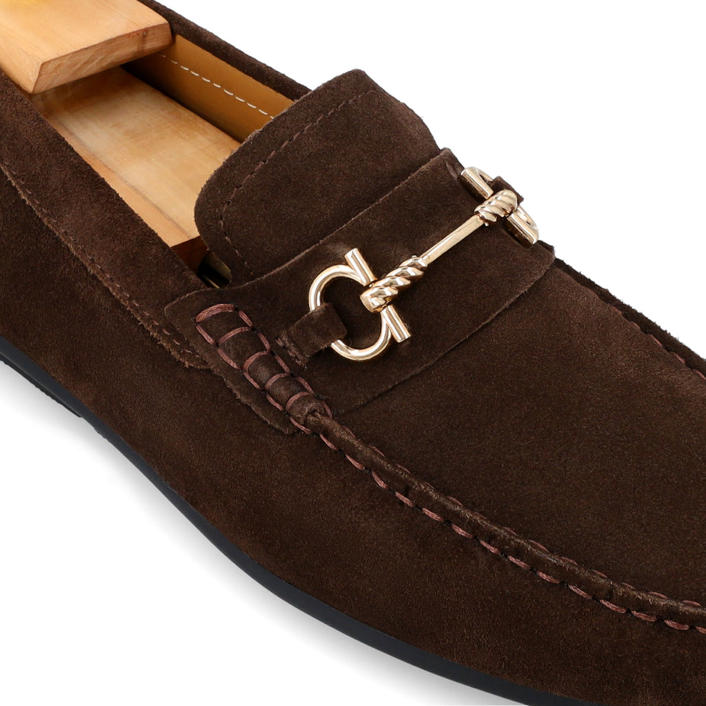 Horse Bit Buckled  Suede Moccasins - Brown