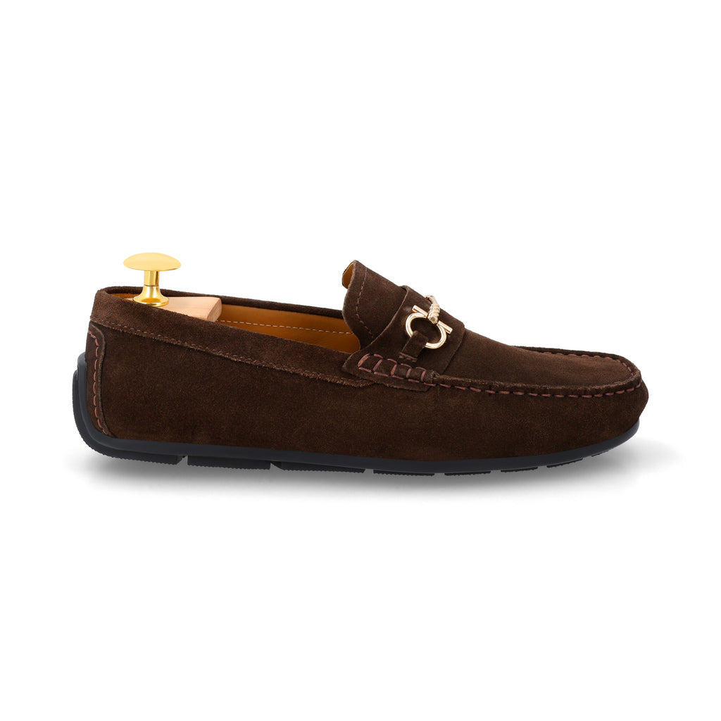 Horse Bit Buckled  Suede Moccasins - Brown