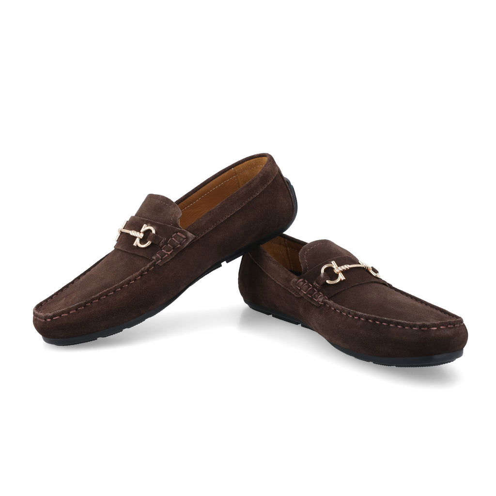 Horse Bit Buckled  Suede Moccasins - Brown