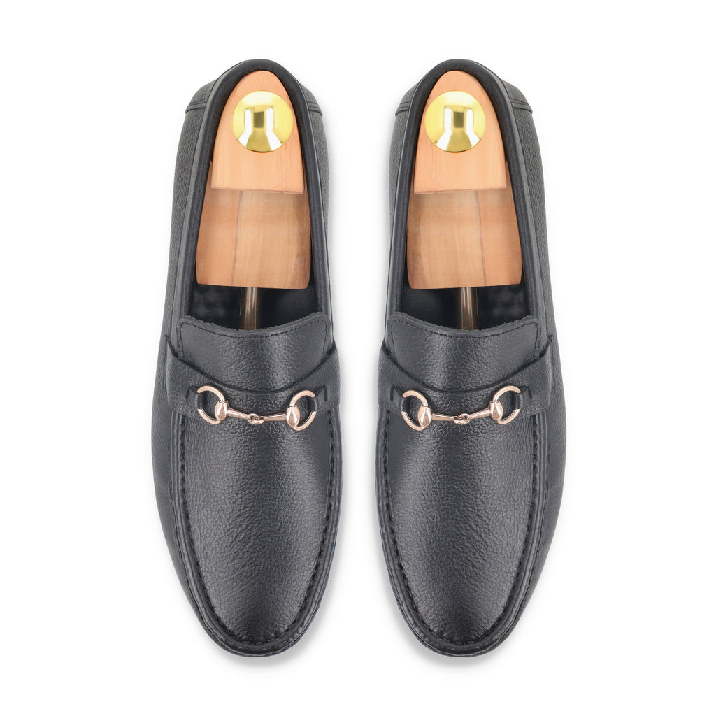 Sleek Golden Buckled Moccasins - Black