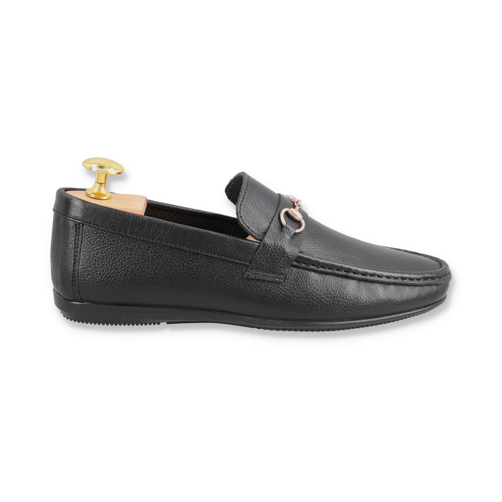 Sleek Golden Buckled Moccasins - Black