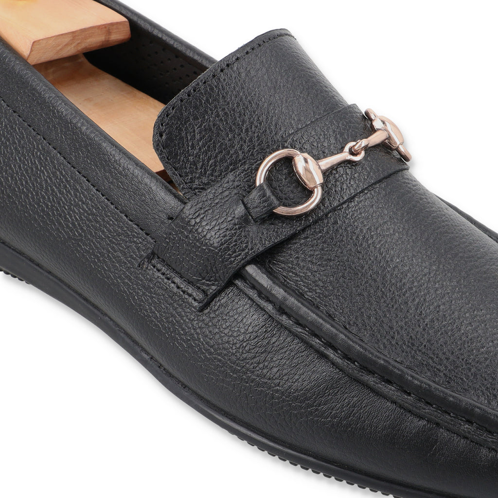 Sleek Golden Buckled Moccasins - Black