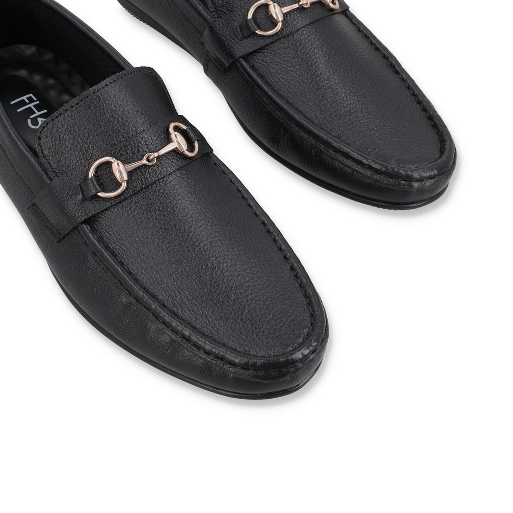 Sleek Golden Buckled Moccasins - Black