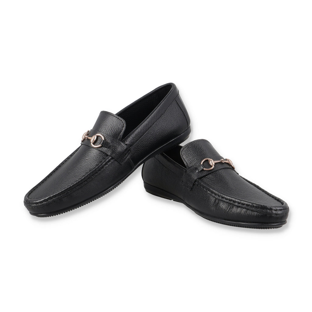 Sleek Golden Buckled Moccasins - Black