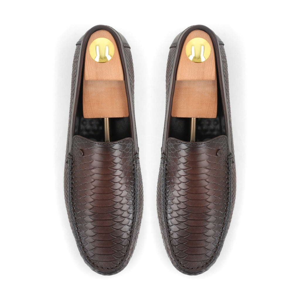 Snakeskin Embossed Moccasins - Brown