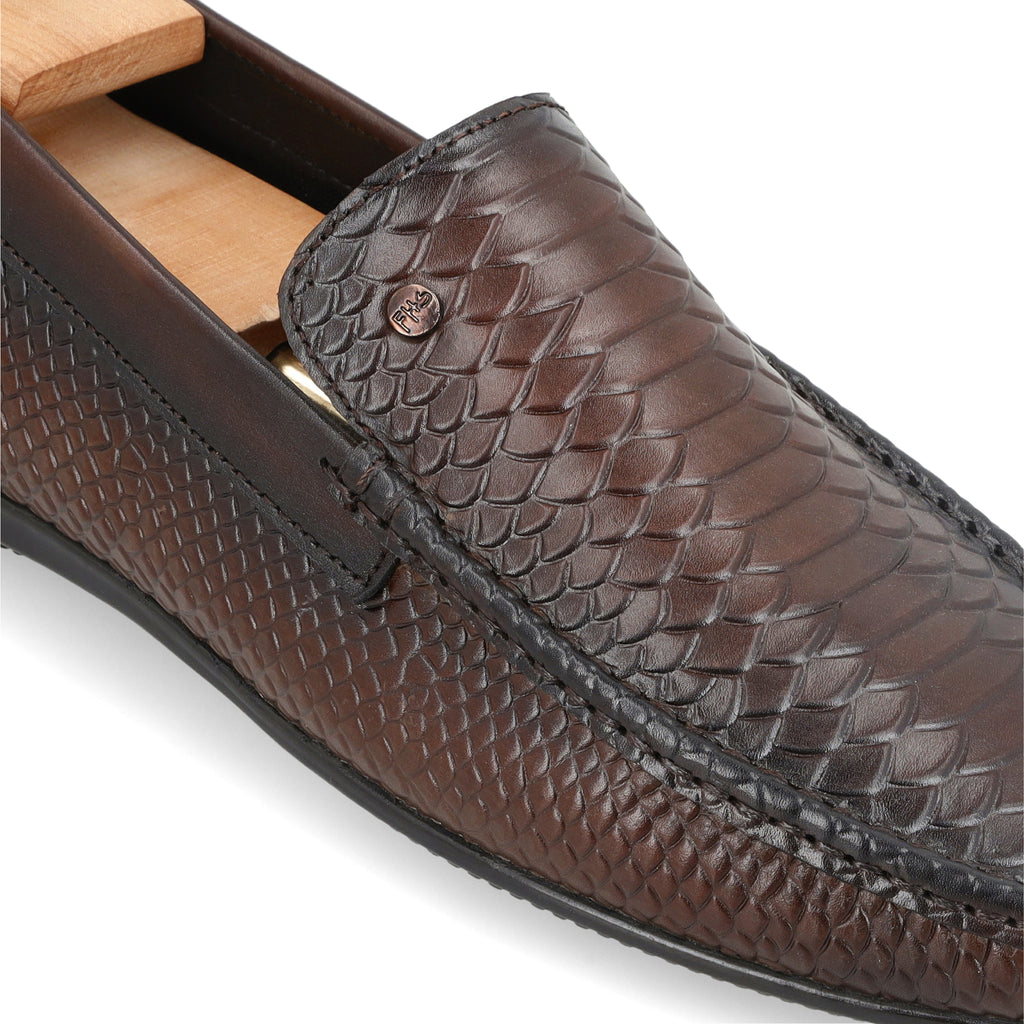 Snakeskin Embossed Moccasins - Brown