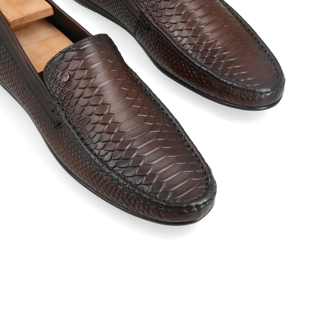 Snakeskin Embossed Moccasins - Brown