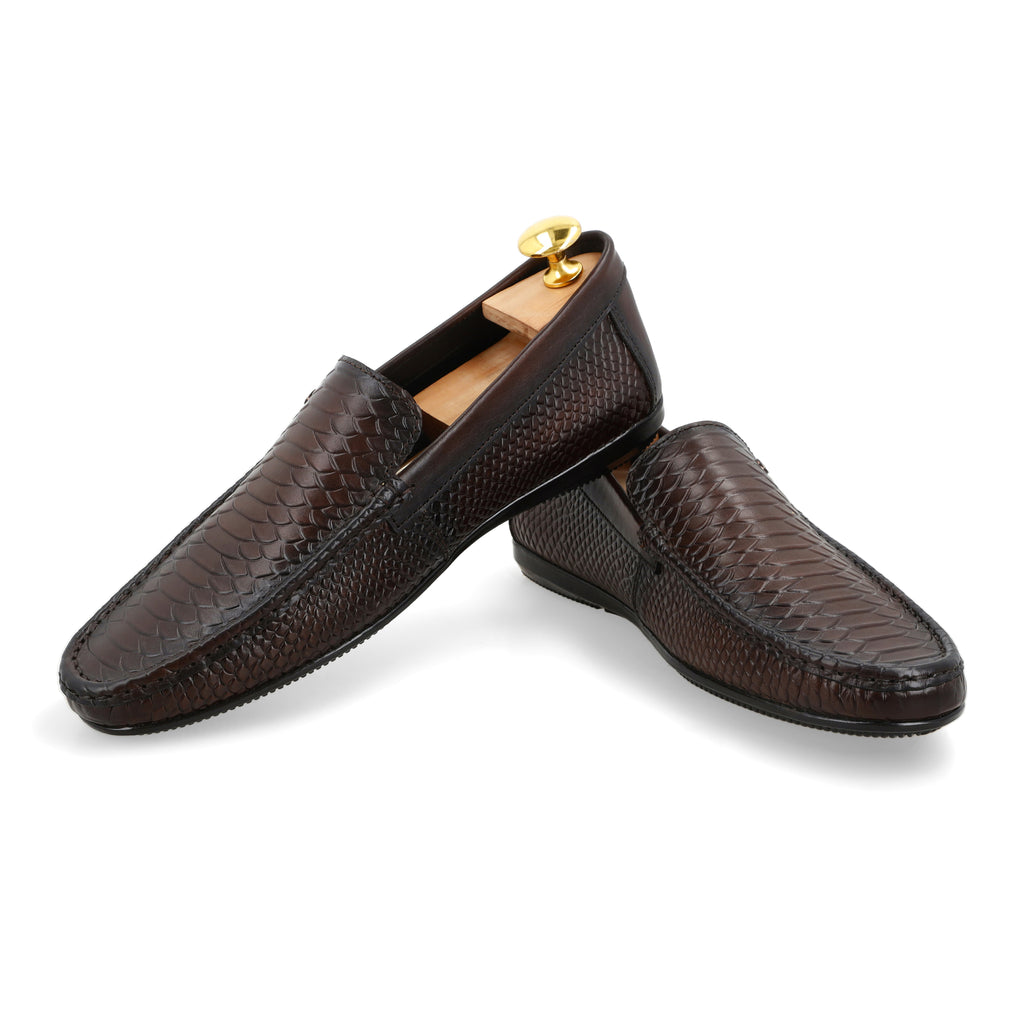 Snakeskin Embossed Moccasins - Brown