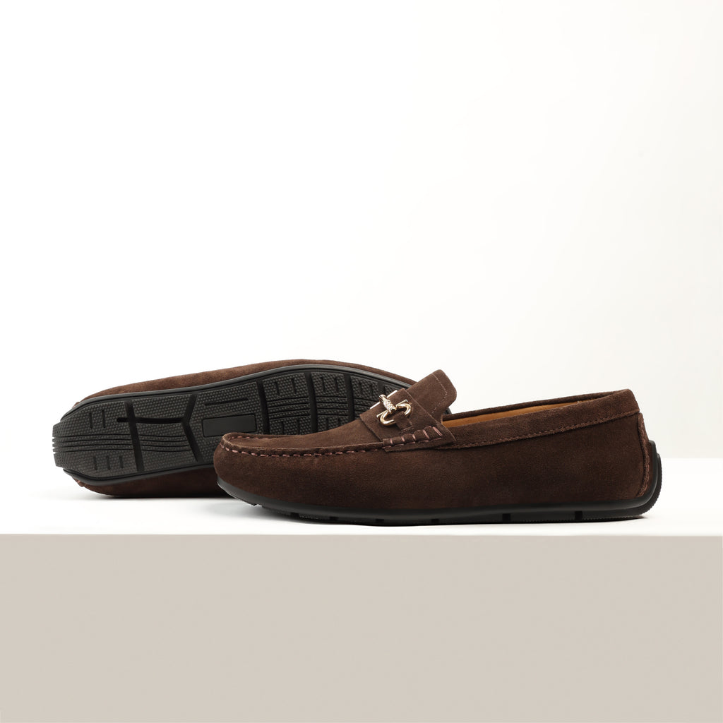 Horse Bit Buckled  Suede Moccasins - Brown