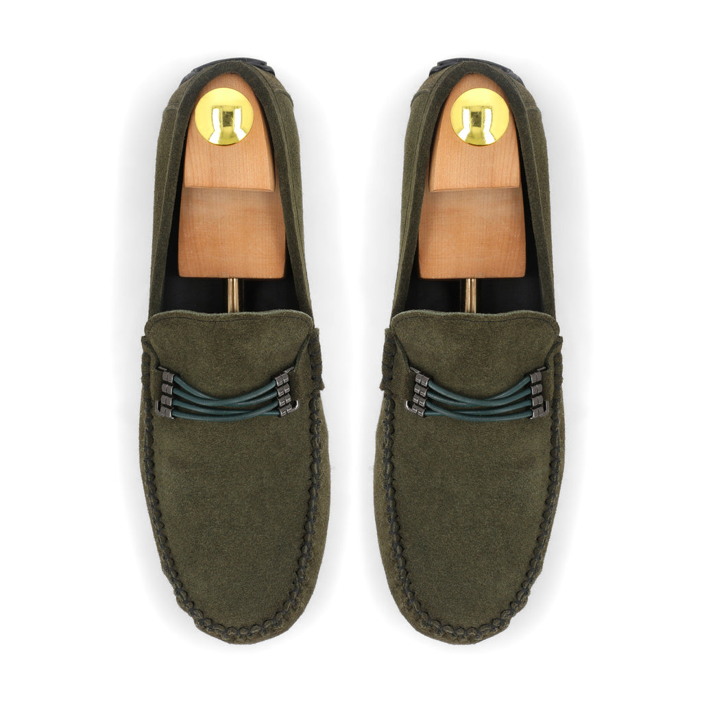 Cross-Buckled Suede Moccasins - Olive