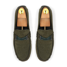 Load image into Gallery viewer, Cross-Buckled Suede Moccasins - Olive