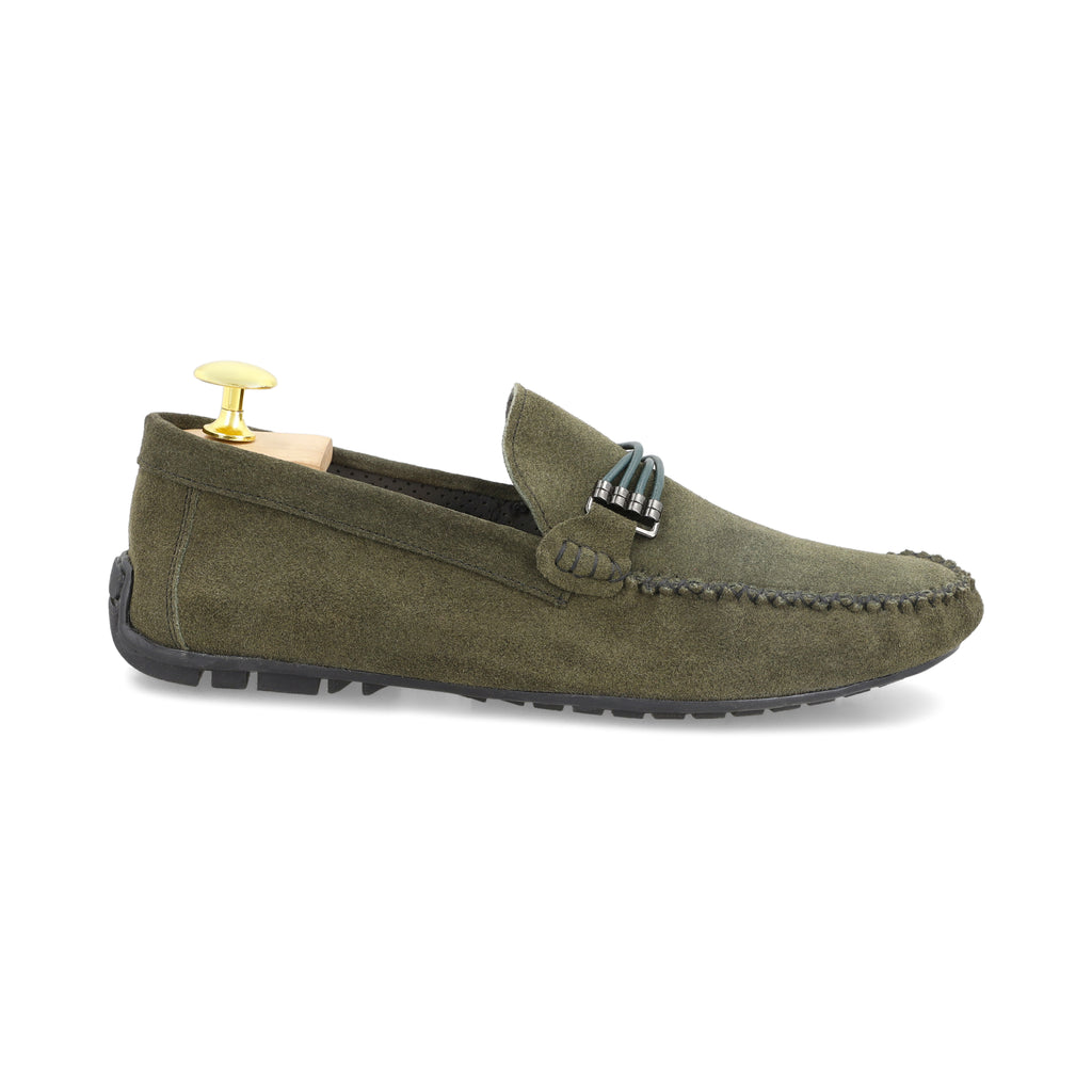 Cross-Buckled Suede Moccasins - Olive