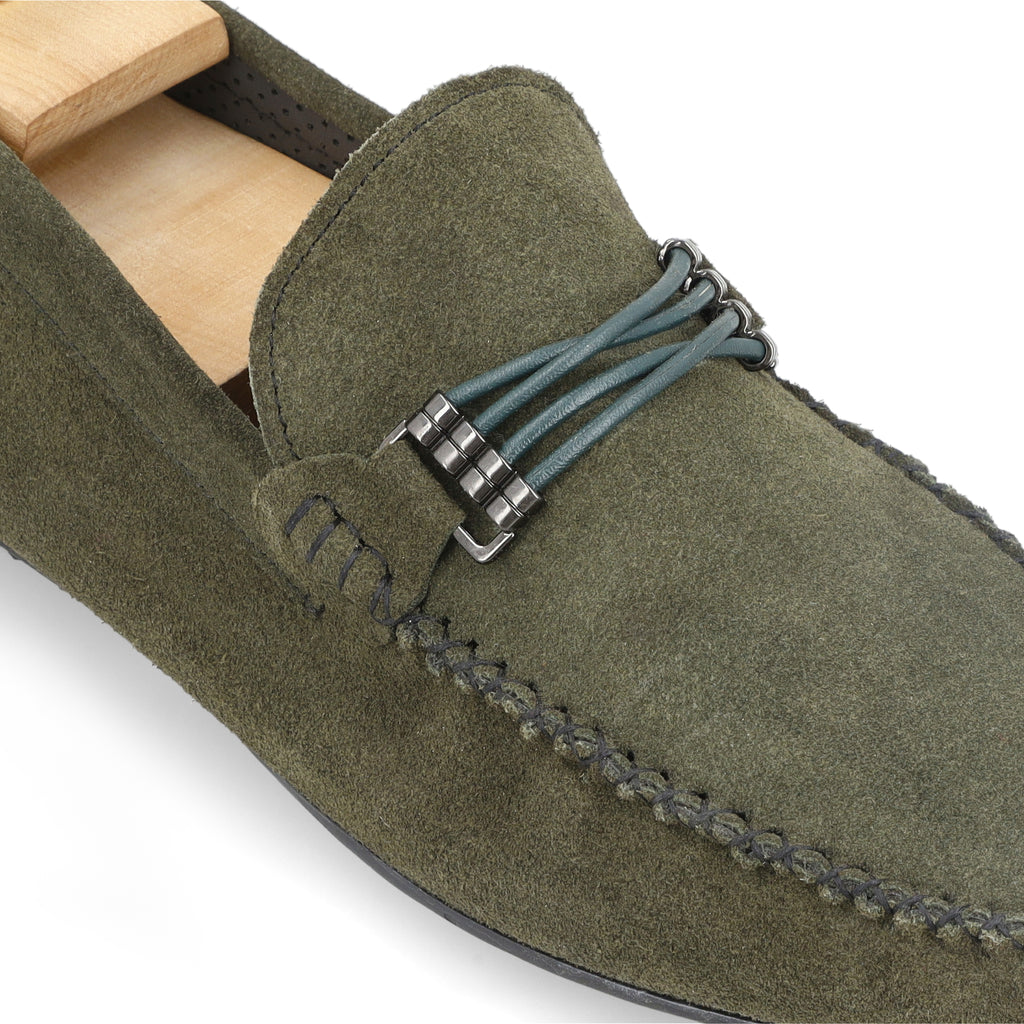 Cross-Buckled Suede Moccasins - Olive