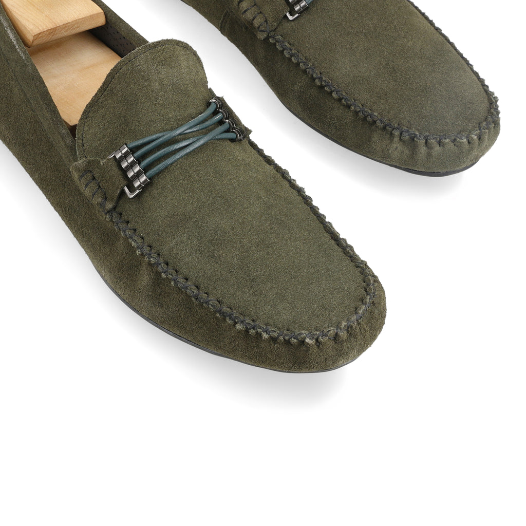 Cross-Buckled Suede Moccasins - Olive