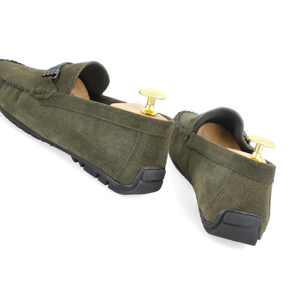 Cross-Buckled Suede Moccasins - Olive