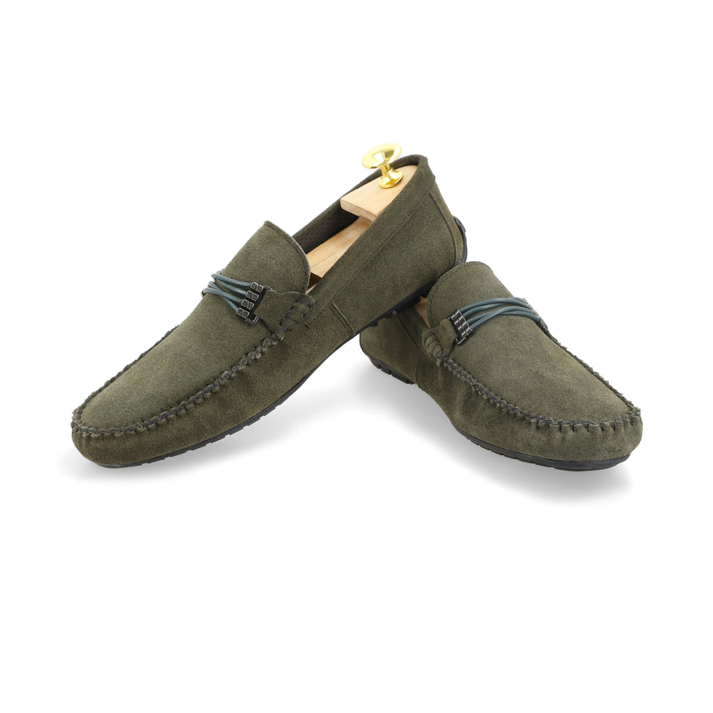 Cross-Buckled Suede Moccasins - Olive