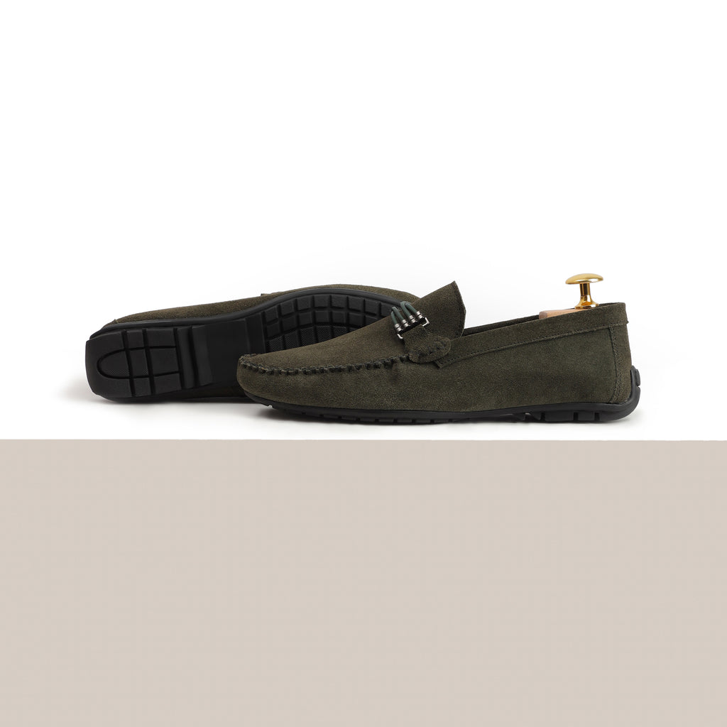 Cross-Buckled Suede Moccasins - Olive