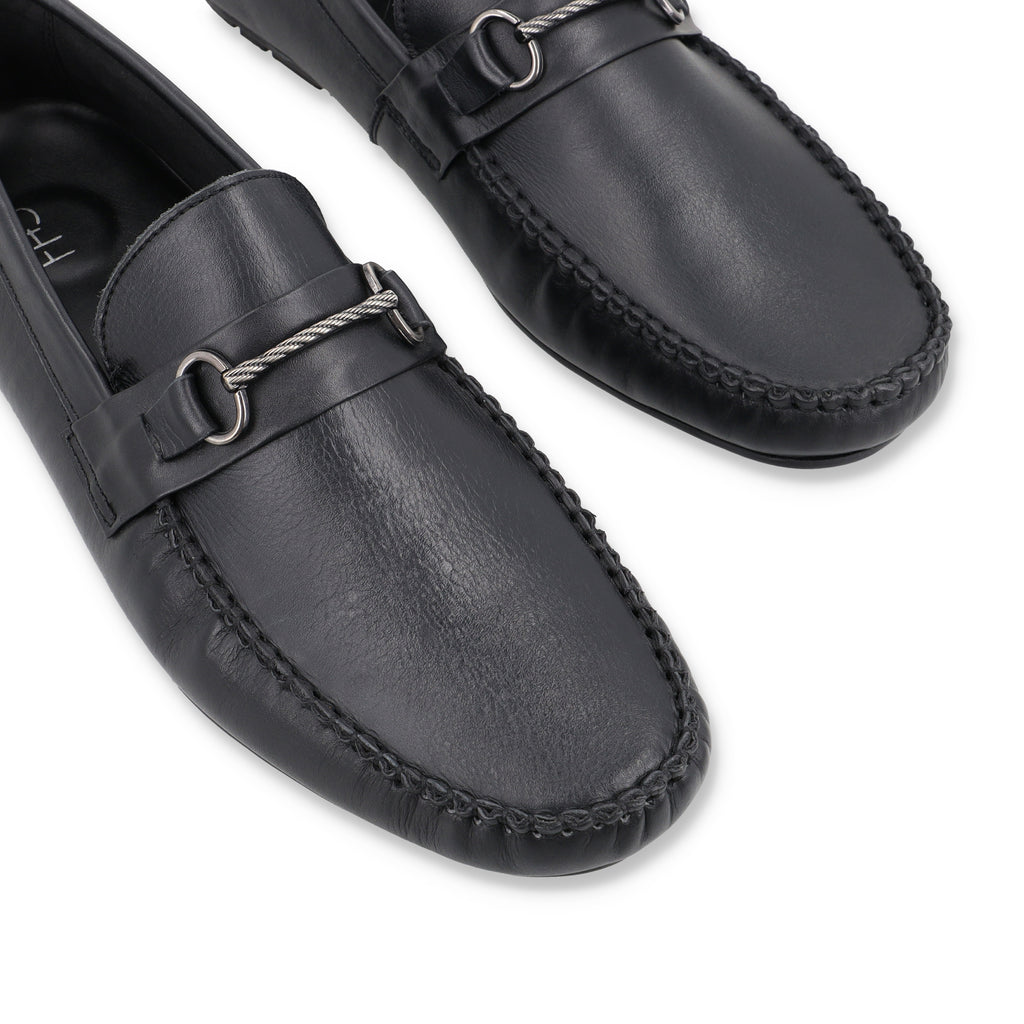 Metallic Silver Buckled Moccasisns - Black