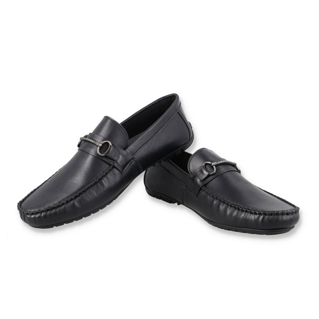 Metallic Silver Buckled Moccasisns - Black