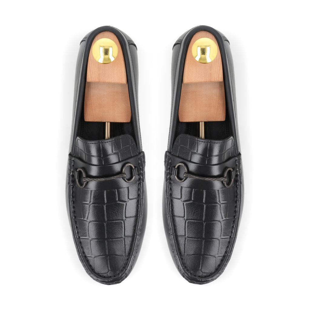 Crocodile Textured Moccasins - Black